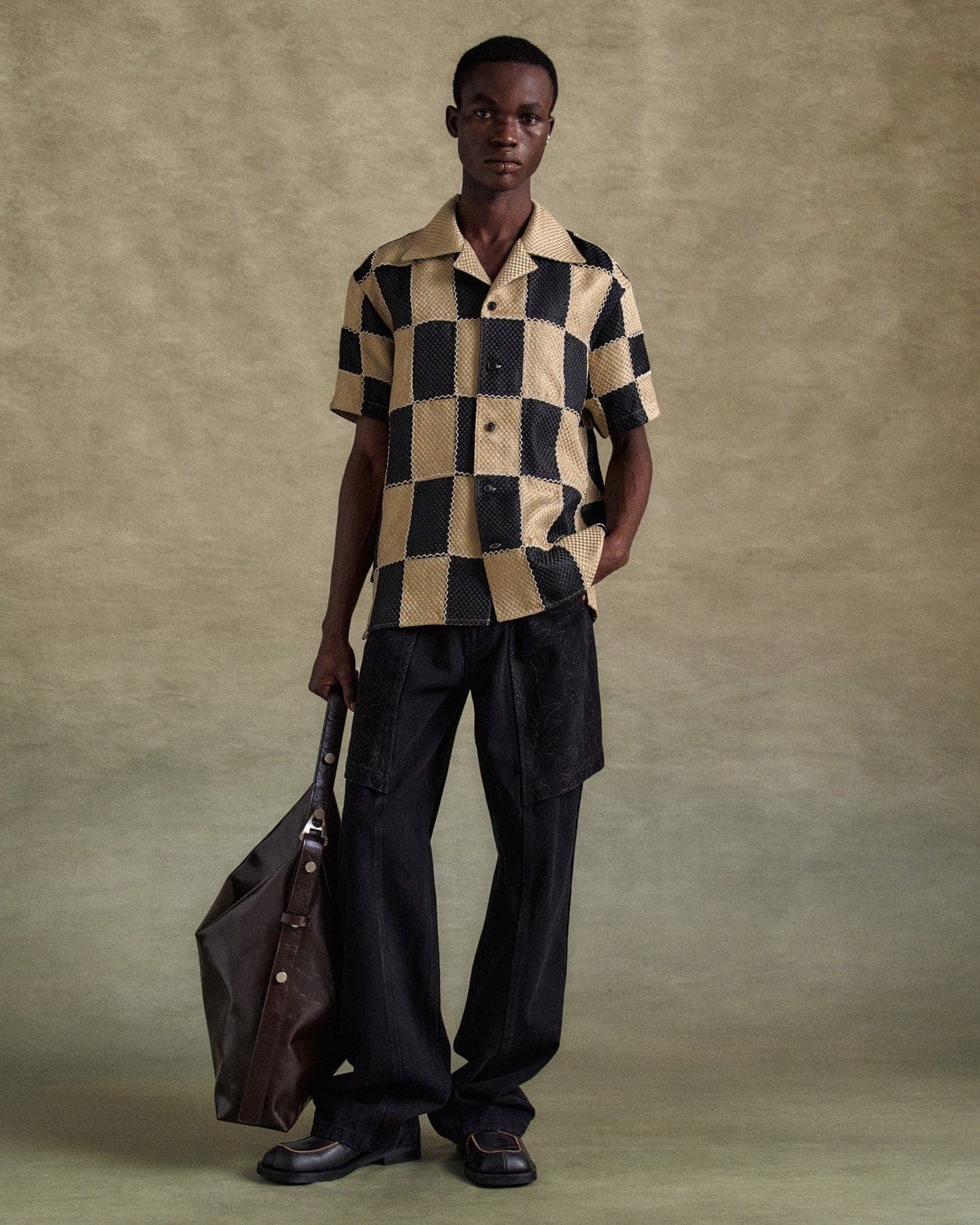 Patchwork Open Collar Shirts (Black/Beige) — vue 12