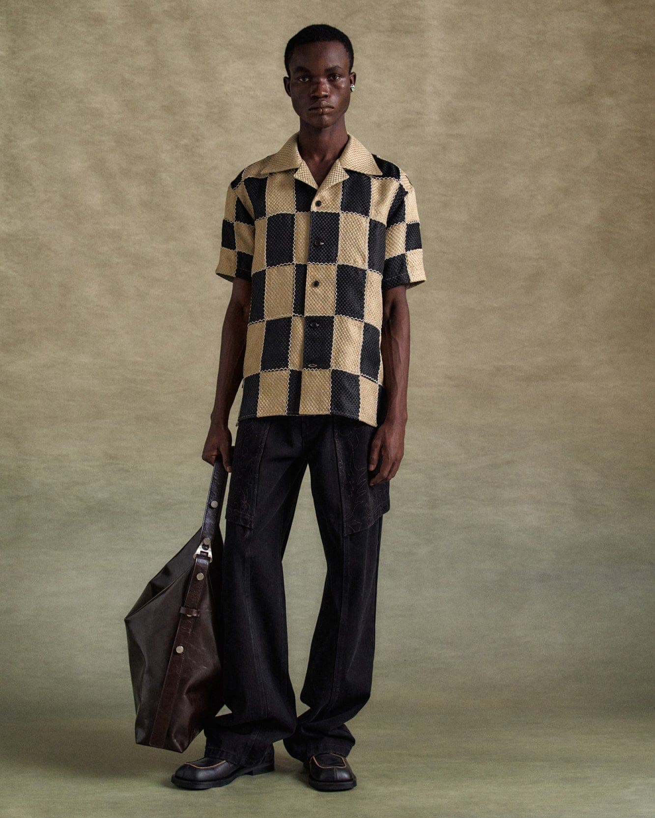 Patchwork Open Collar Shirts (Black/Beige) — vue 5