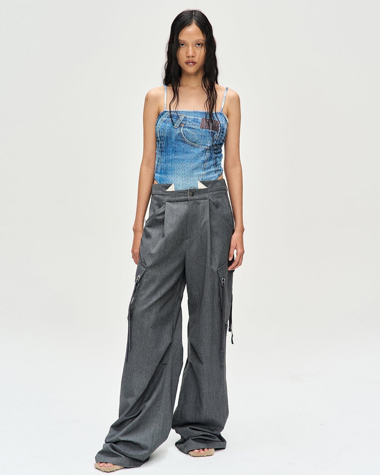 Denim Printed Knit Bodysuit (Washed Blue) — vue 4