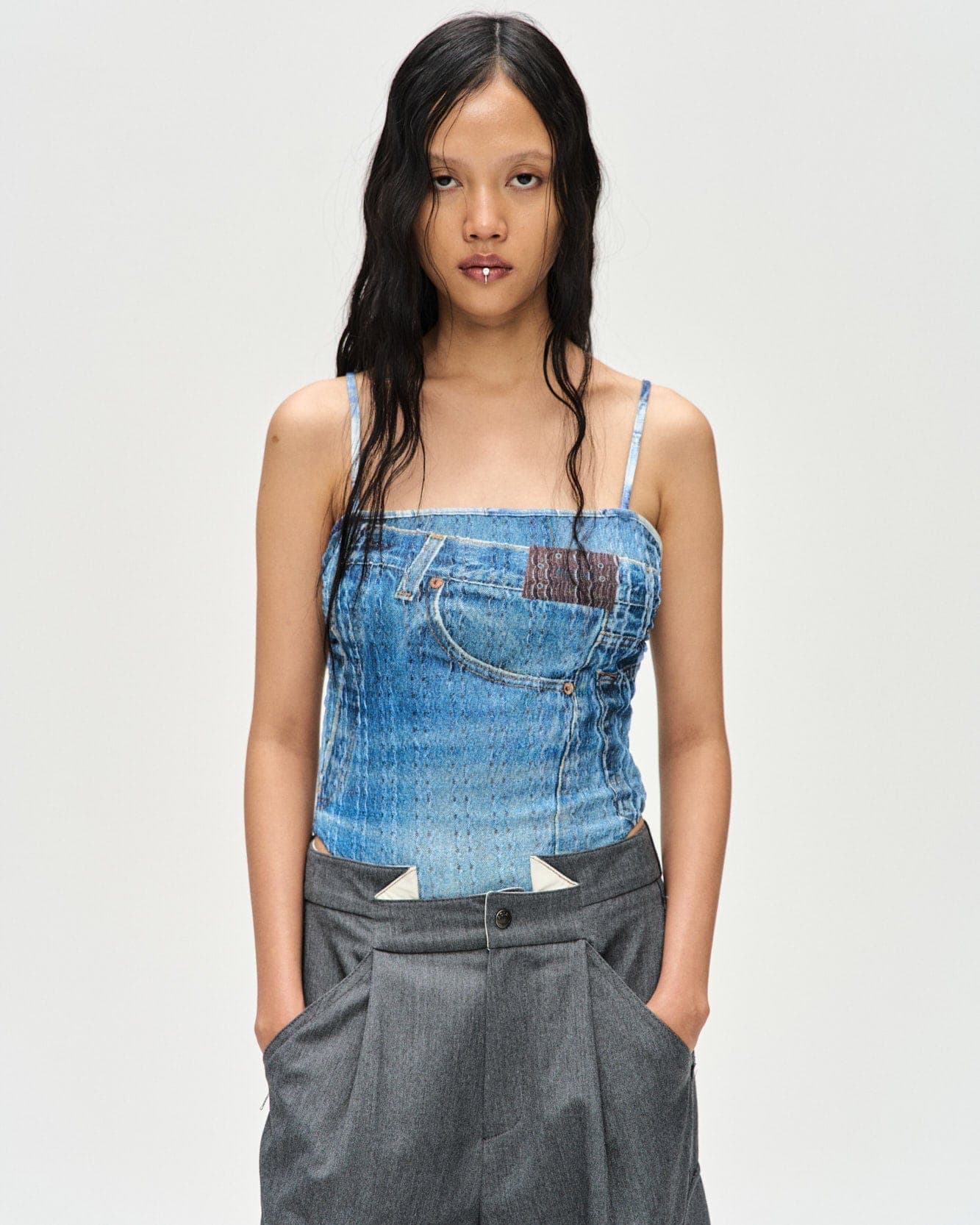 Denim Printed Knit Bodysuit (Washed Blue) — vue 6