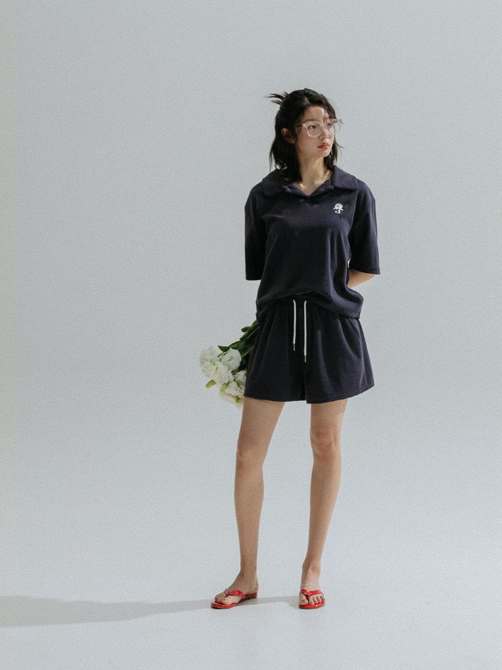 Relaxed Collar Terry Tee (Navy) — vue 4