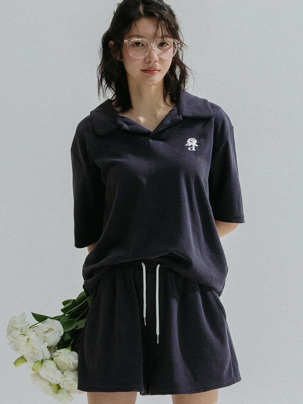 Relaxed Collar Terry Tee (Navy) — vue 1