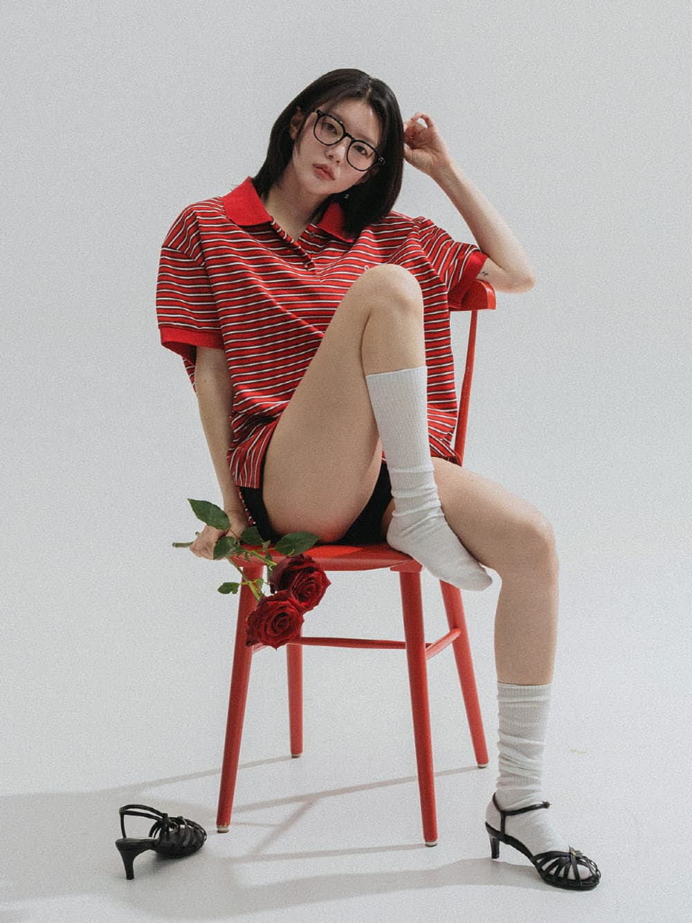 Stripe Collar Tee (Red) — vue 6