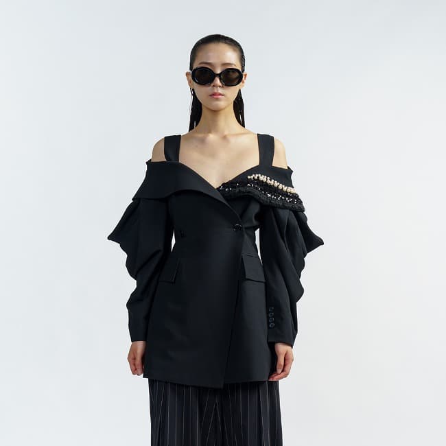 Off-Shoulder Wool Jacket (Black) — vue 1