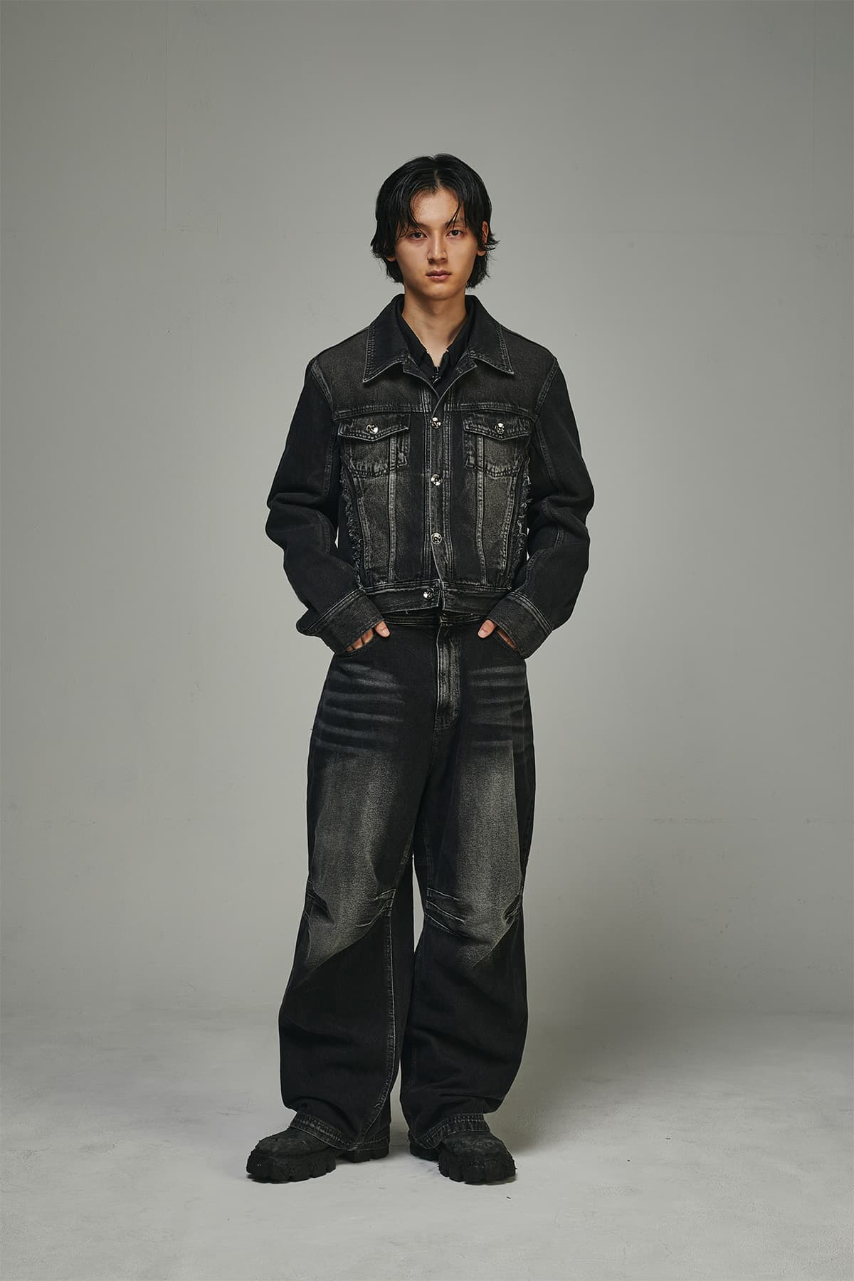 BLR Double Trident Washing Wide Denim Pants Black — vue 12