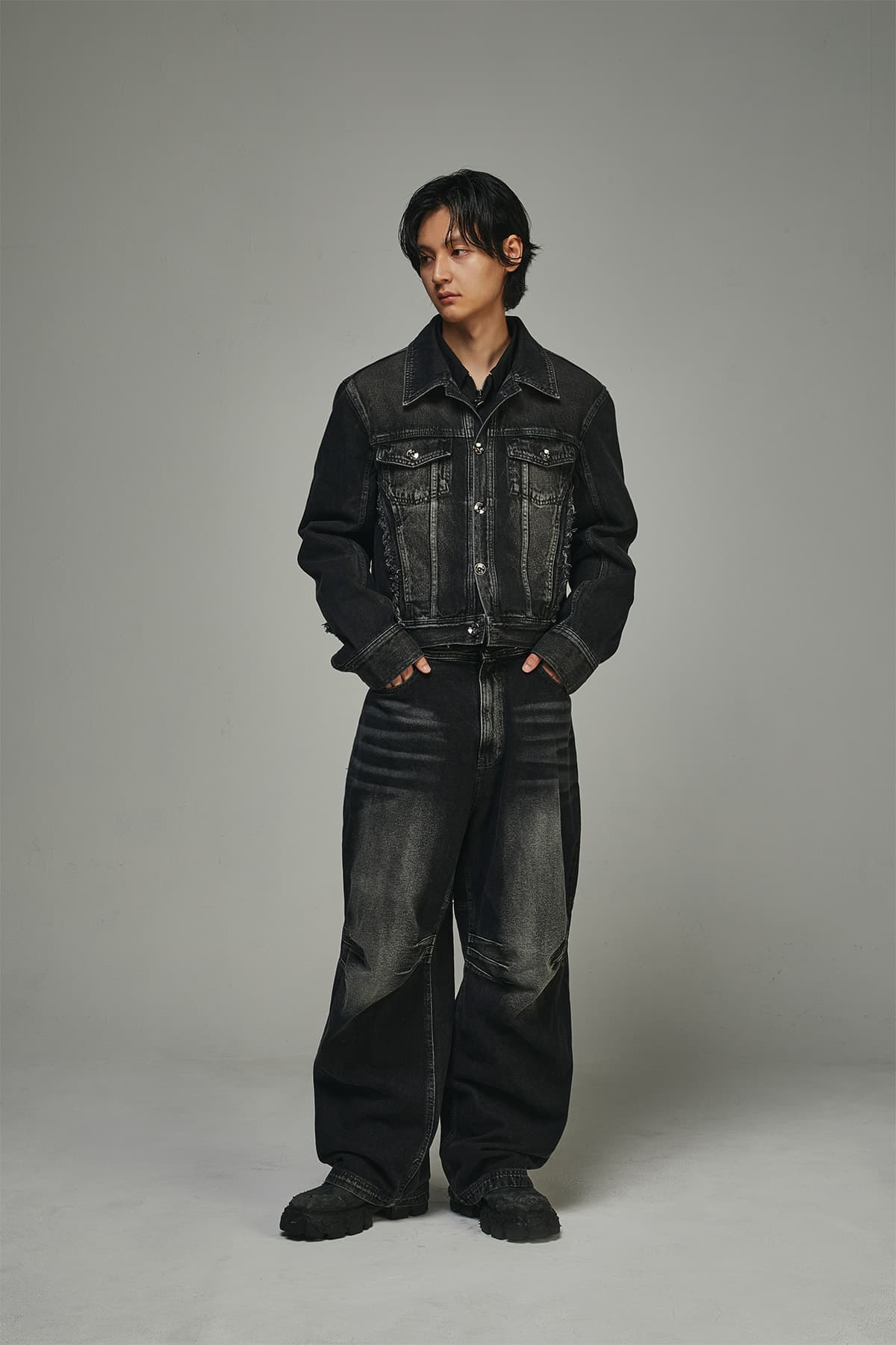 BLR Double Trident Washing Wide Denim Pants Black — vue 14