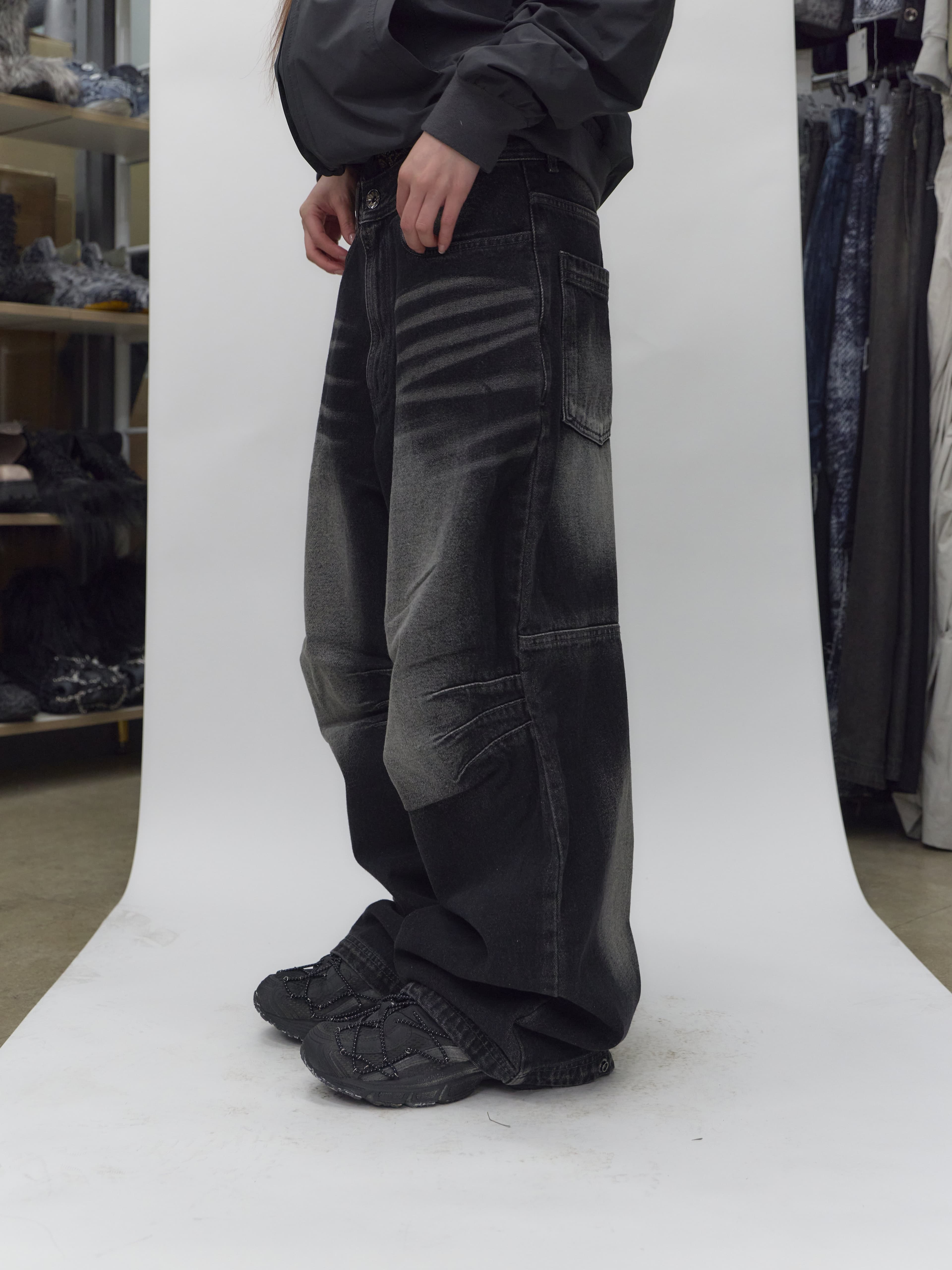BLR Double Trident Washing Wide Denim Pants Black — vue 8
