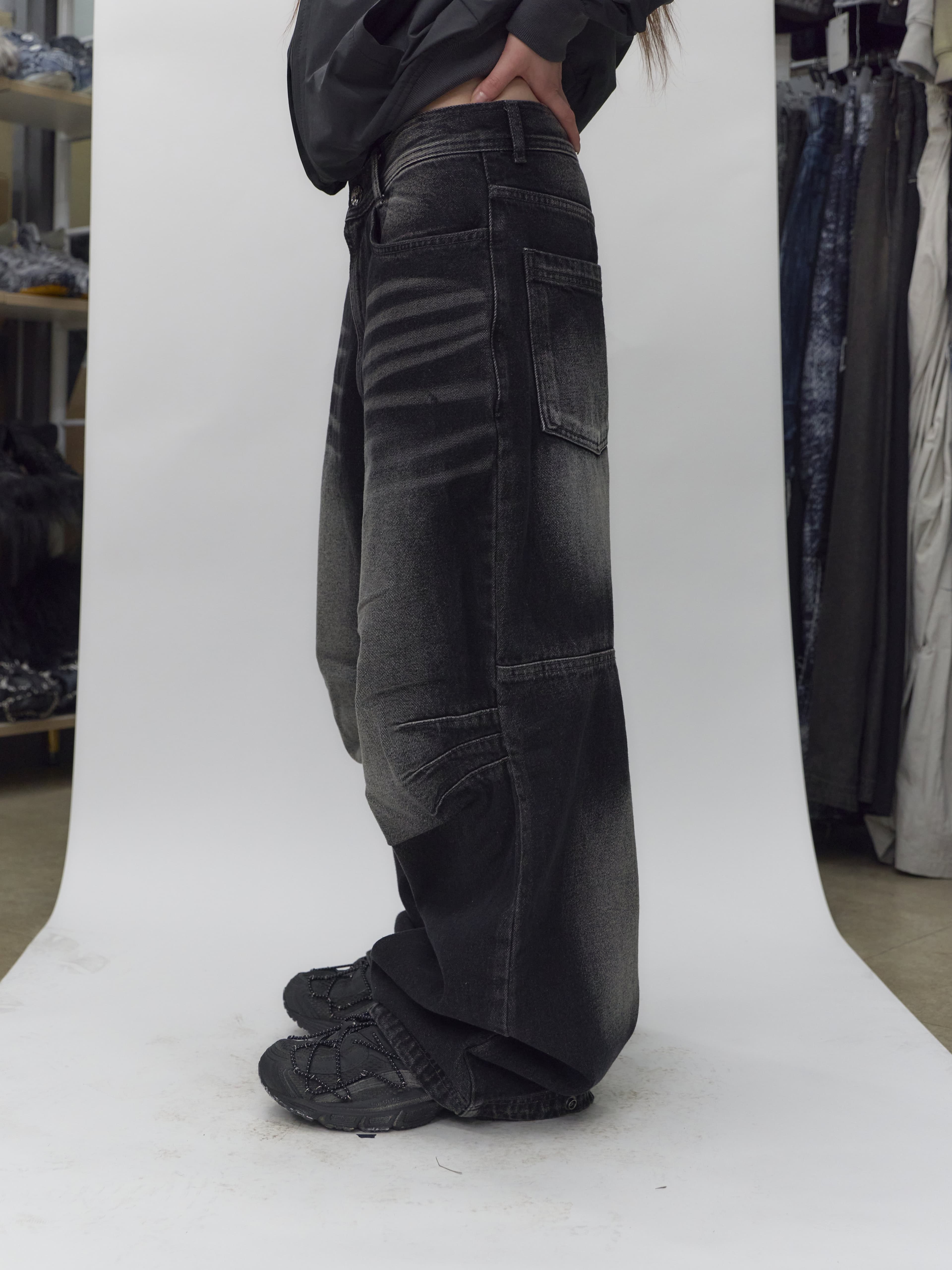 BLR Double Trident Washing Wide Denim Pants Black — vue 9