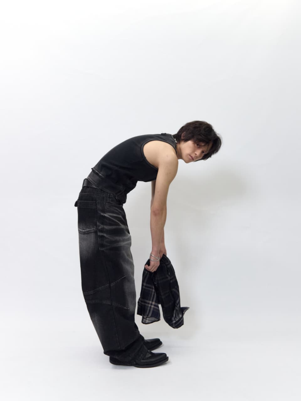 Embossed Wave Washing Wide Denim Pants Black — vue 14