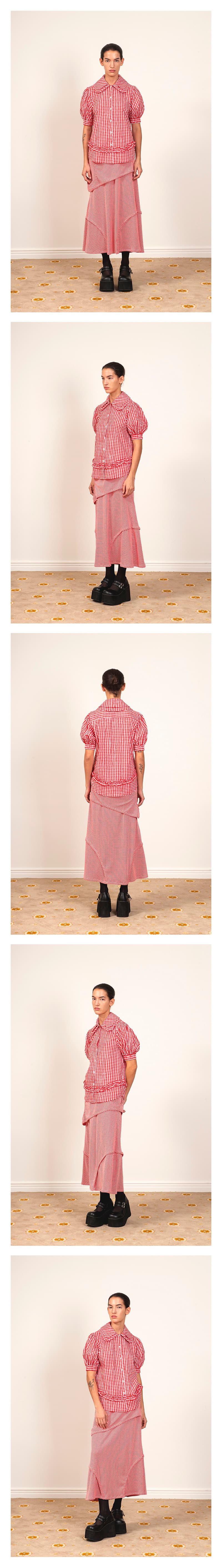Frill Detail Round Collar Check Shirt Red — vue 3
