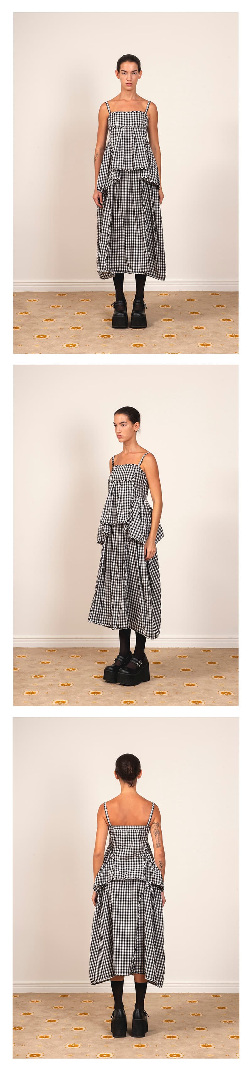 Gingham Check Line Detail Volume Skirt Black — vue 3