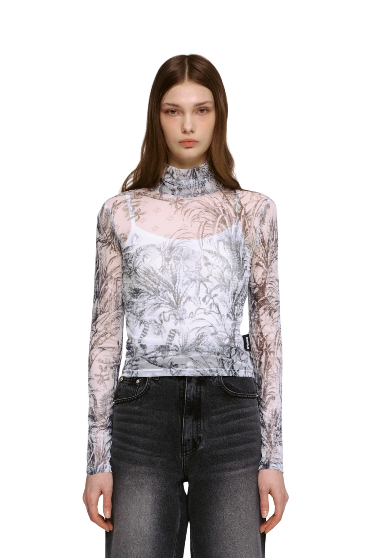 Mesh Print Turtleneck T-shirt (BK) — vue 1