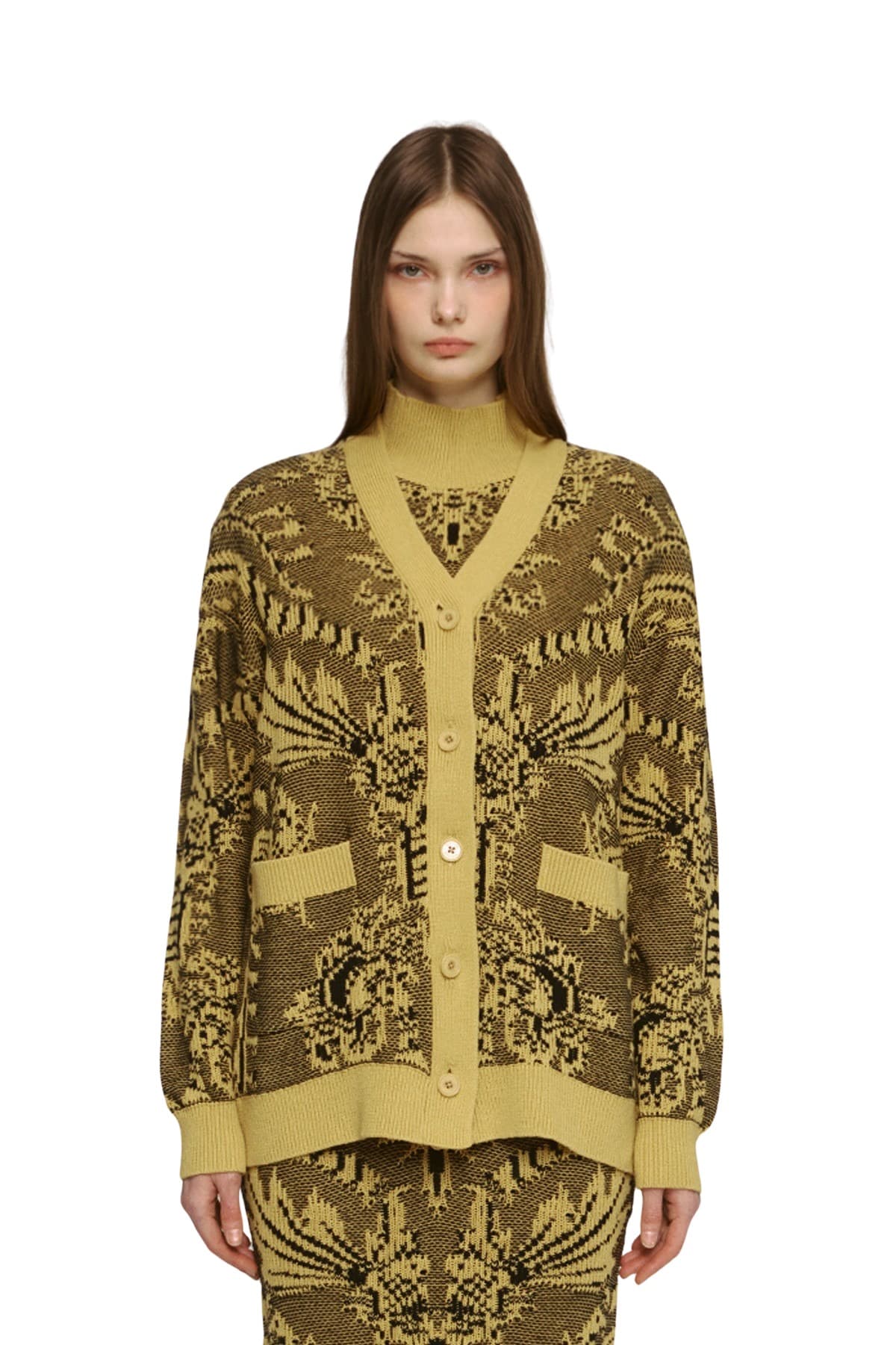 Jacquard V-Nneck Cardigan (YE) — vue 1