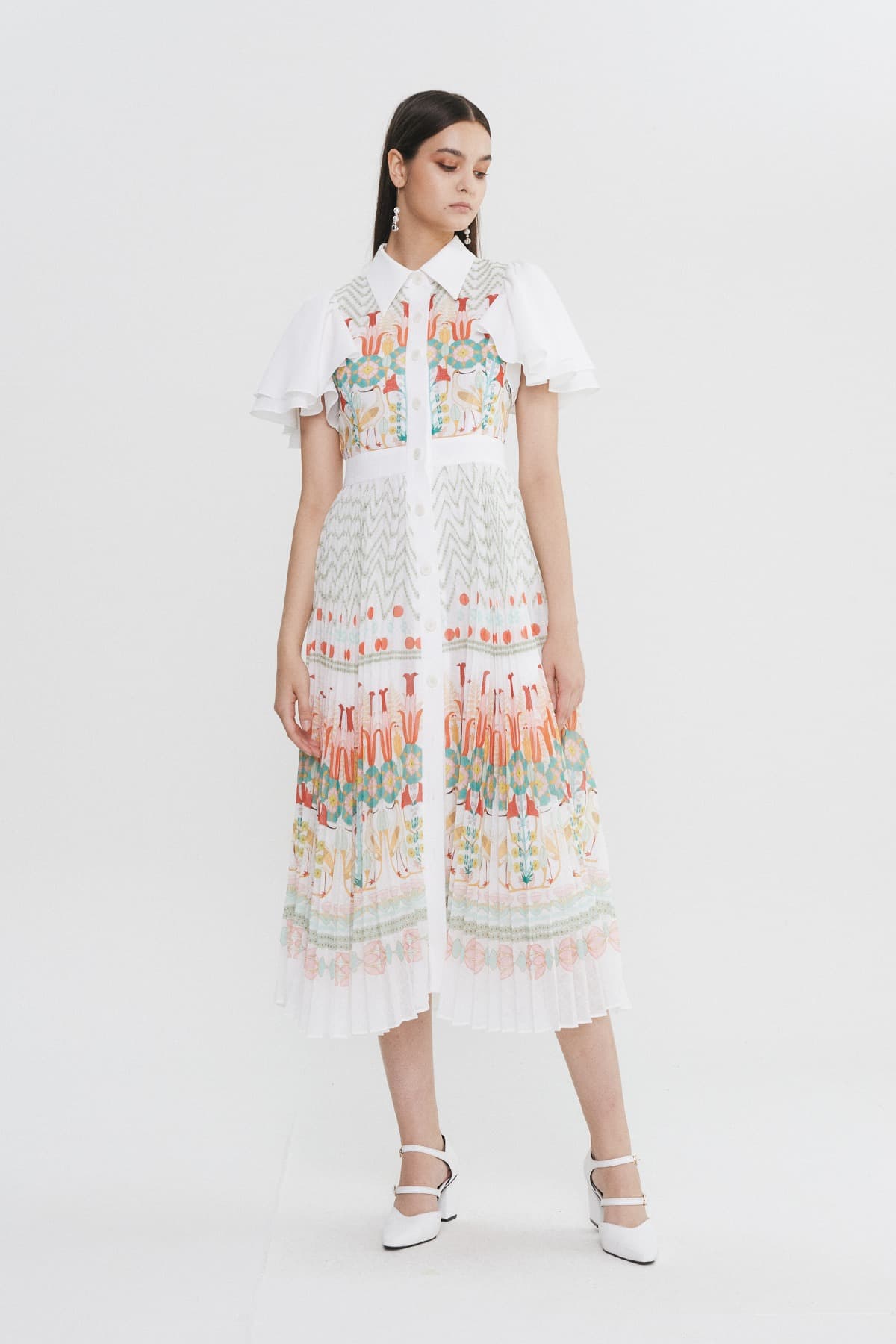 Pleated Ruffle-sleeve Dress (WH) — vue 6