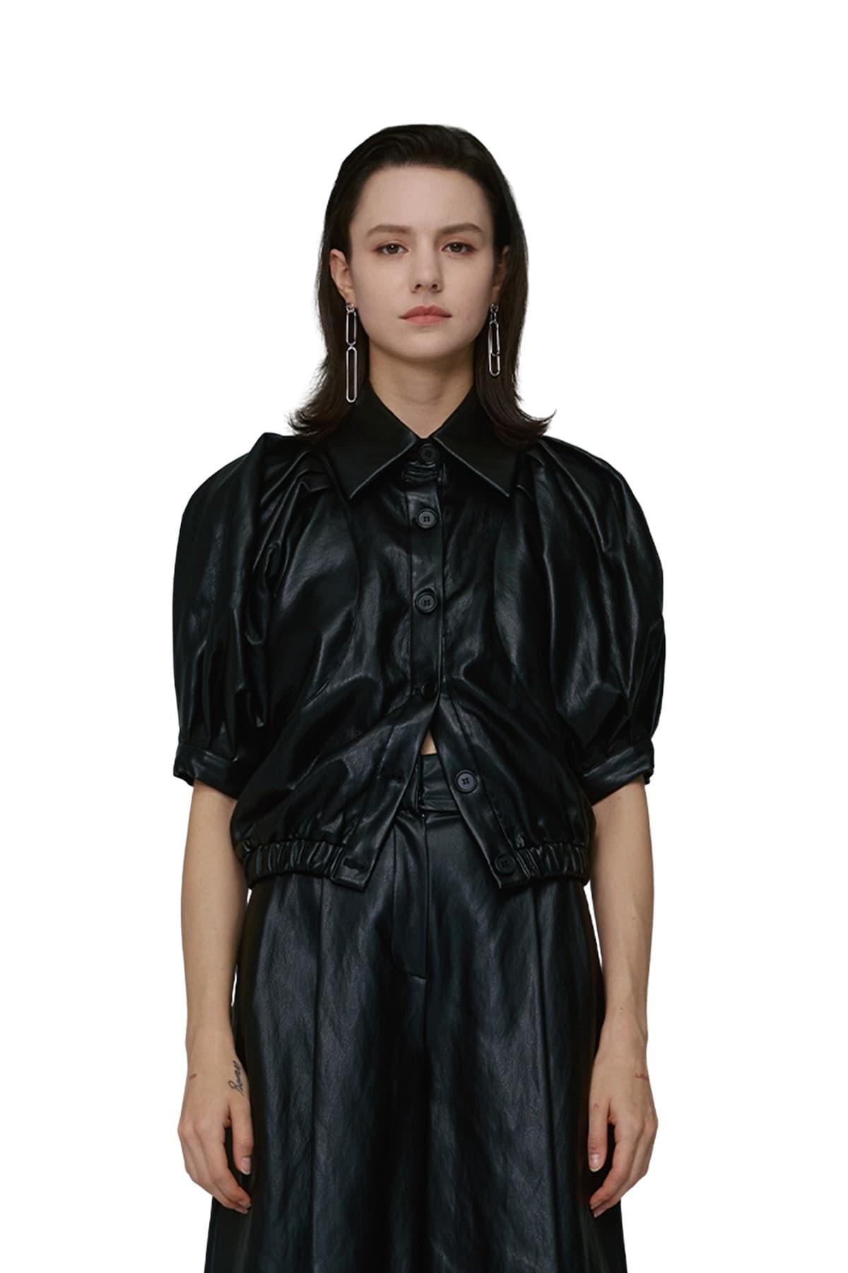 Puff Short-sleeved Fake Leather Jacket (BK) — vue 1
