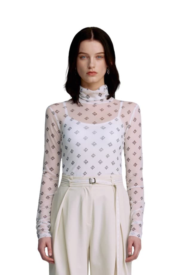 Mesh Print Turtleneck T-shirt (WHITE) — vue 2