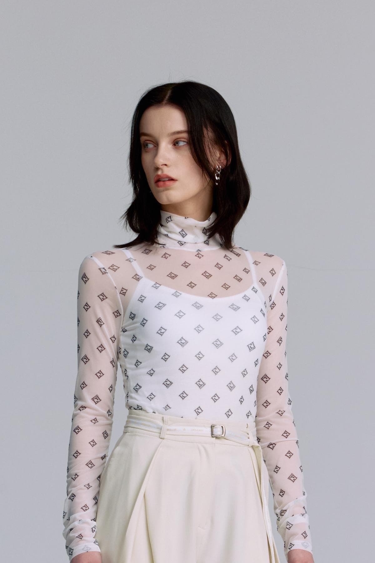 Mesh Print Turtleneck T-shirt (WHITE) — vue 9