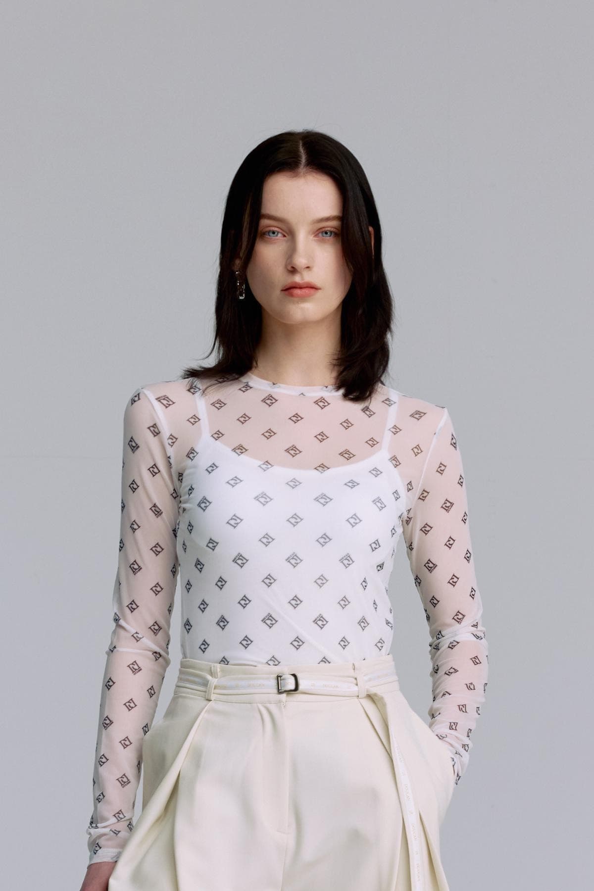 Mesh Print Round T-shirt (WHITE) — vue 8