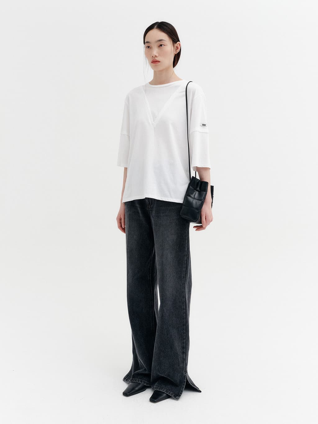 Flare-Fit Slit Denim Pants - Grey — vue 4