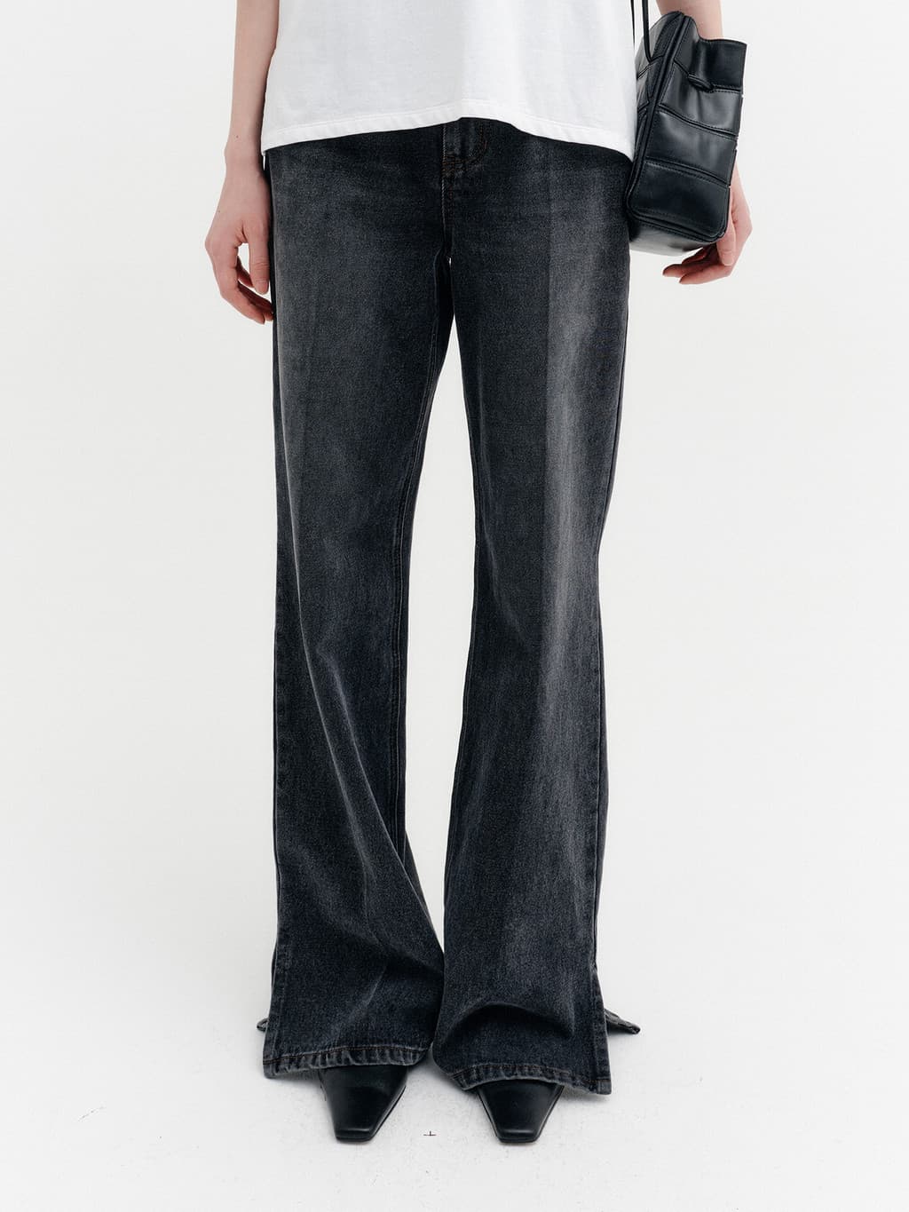 Flare-Fit Slit Denim Pants - Grey — vue 8