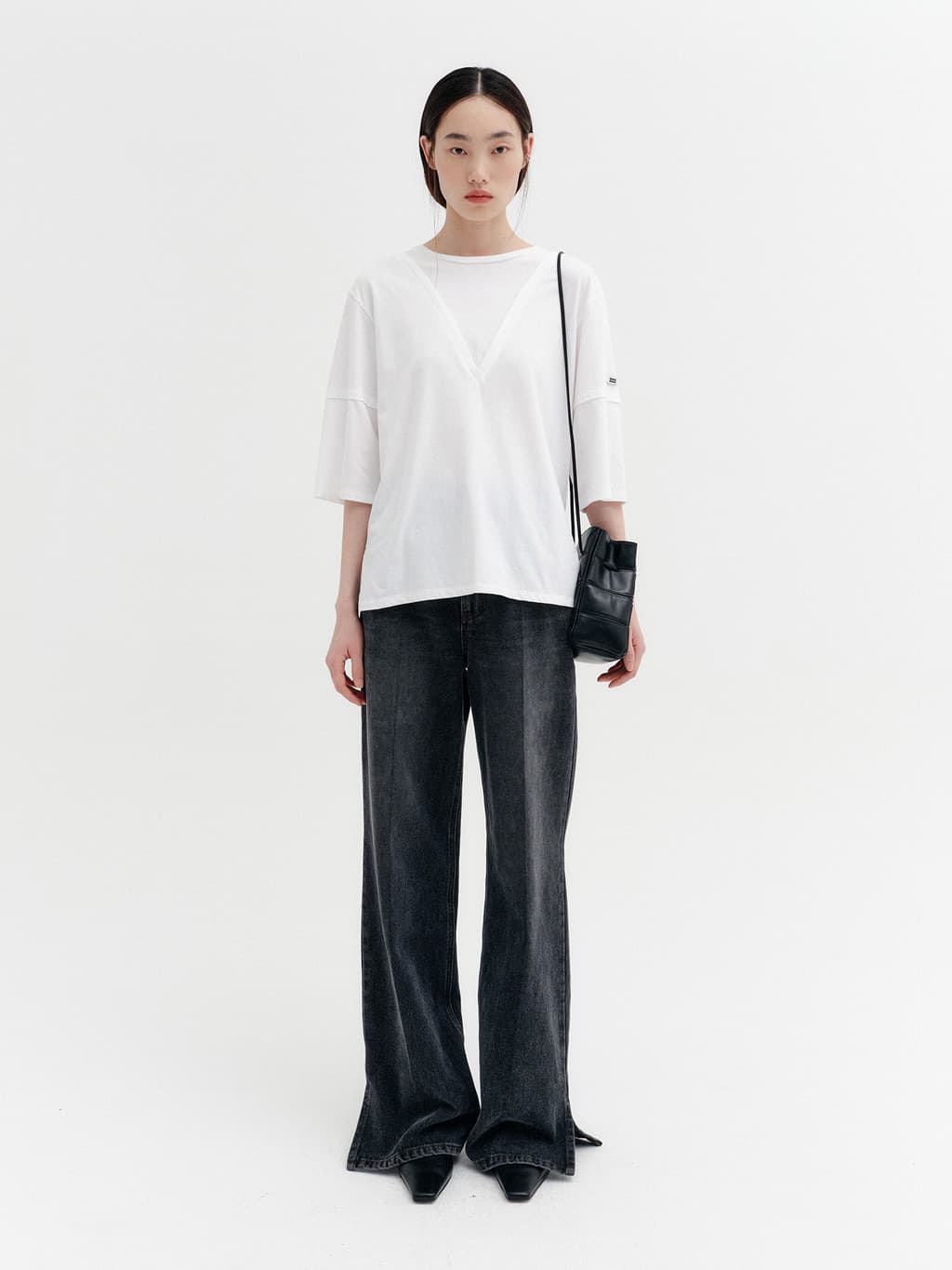 Flare-Fit Slit Denim Pants - Grey — vue 1