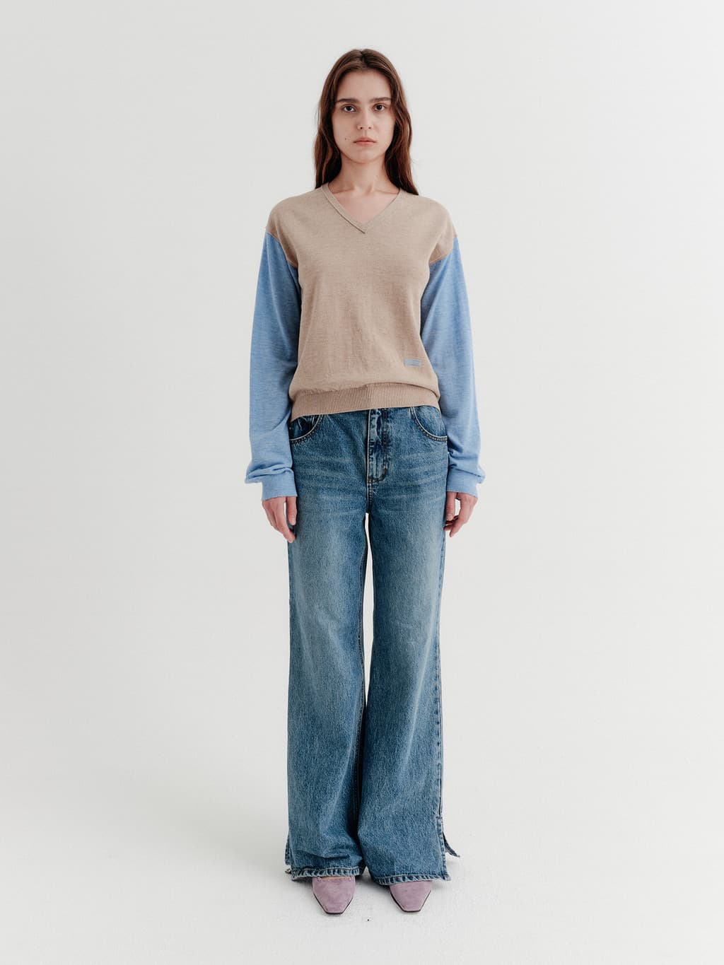 Flare-Fit Slit Denim Pants - Blue — vue 1