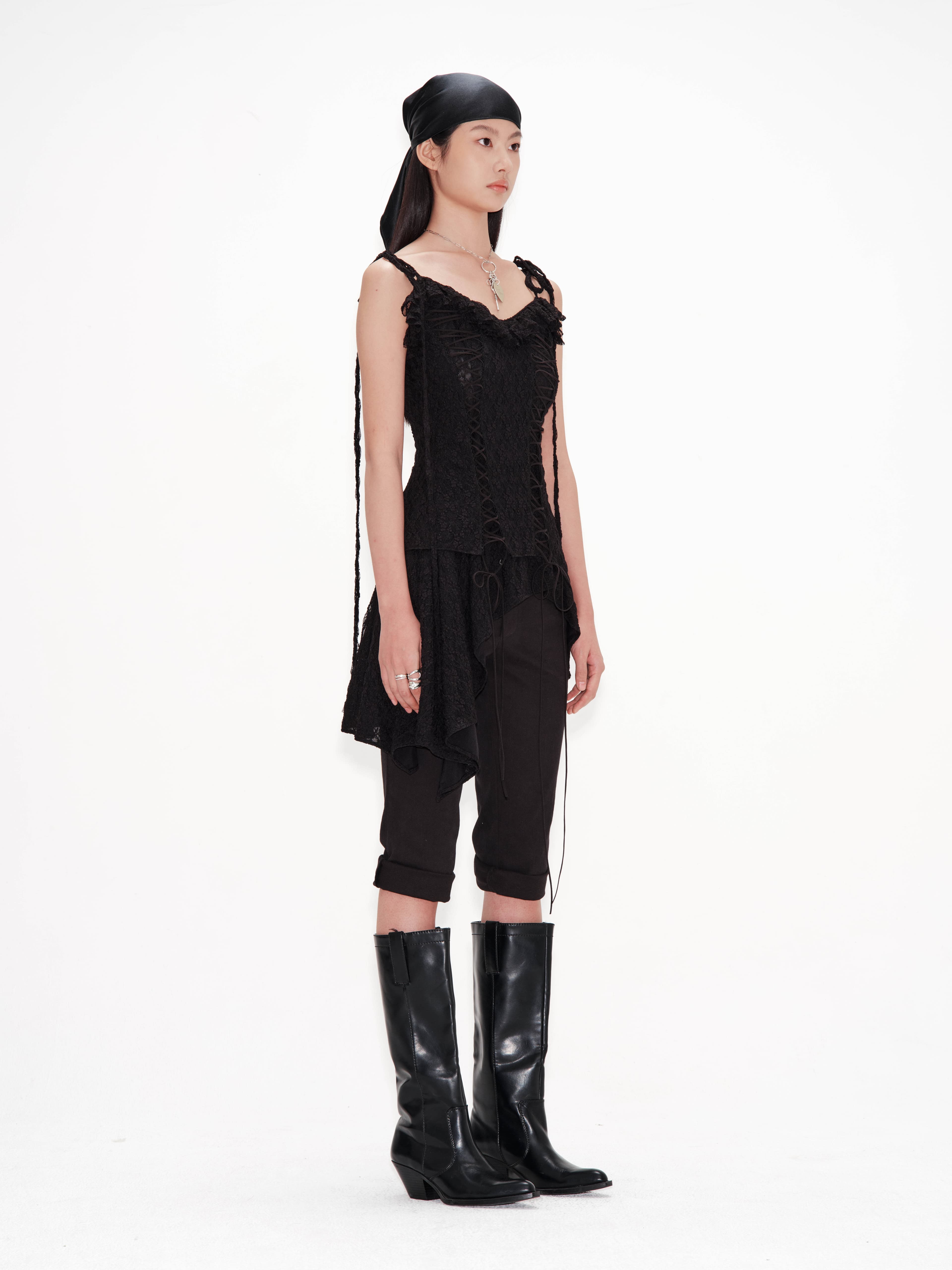 Lace-Up Ruffled Dress (Black) — vue 2