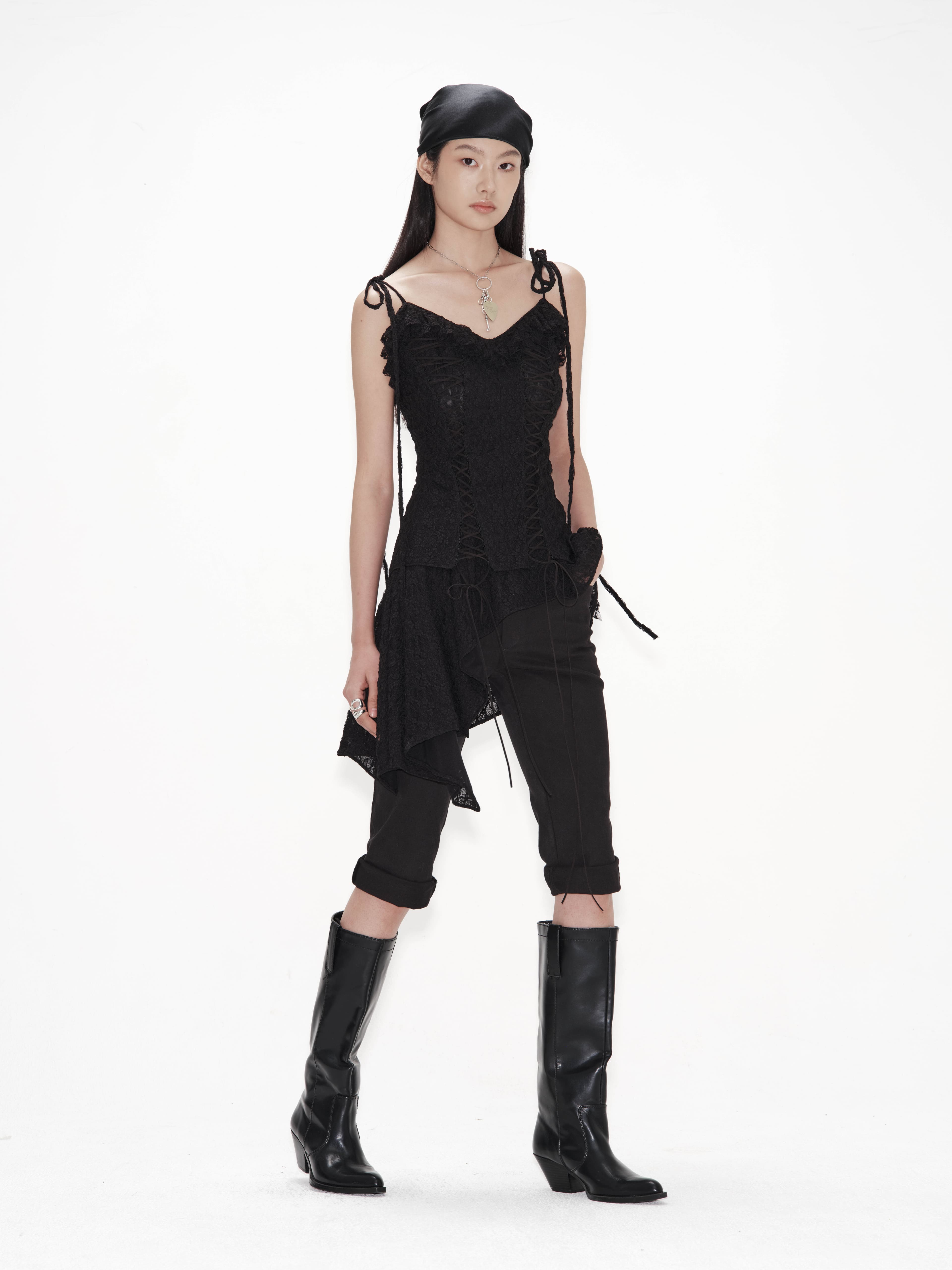 Lace-Up Ruffled Dress (Black) — vue 4