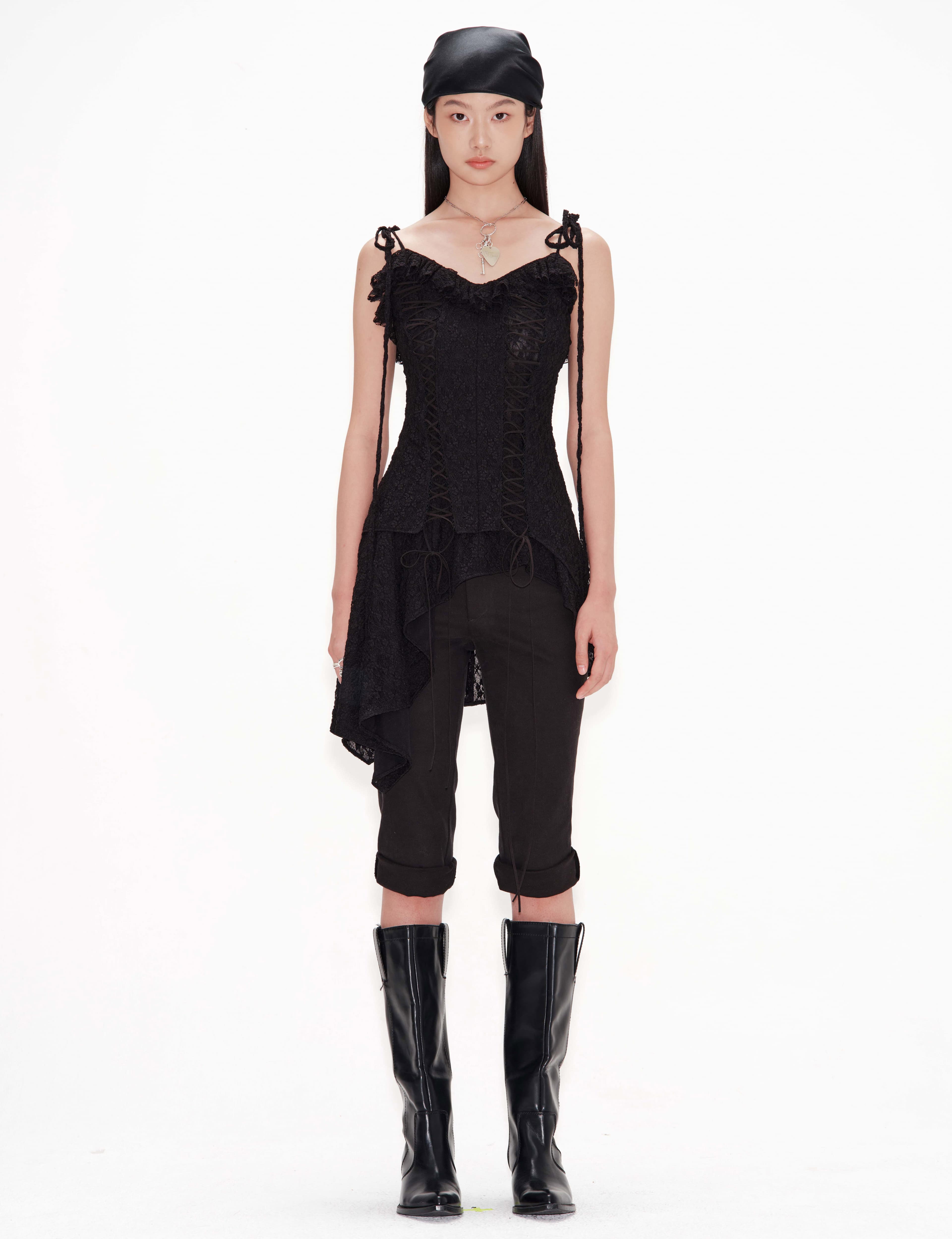 Lace-Up Ruffled Dress (Black) — vue 1