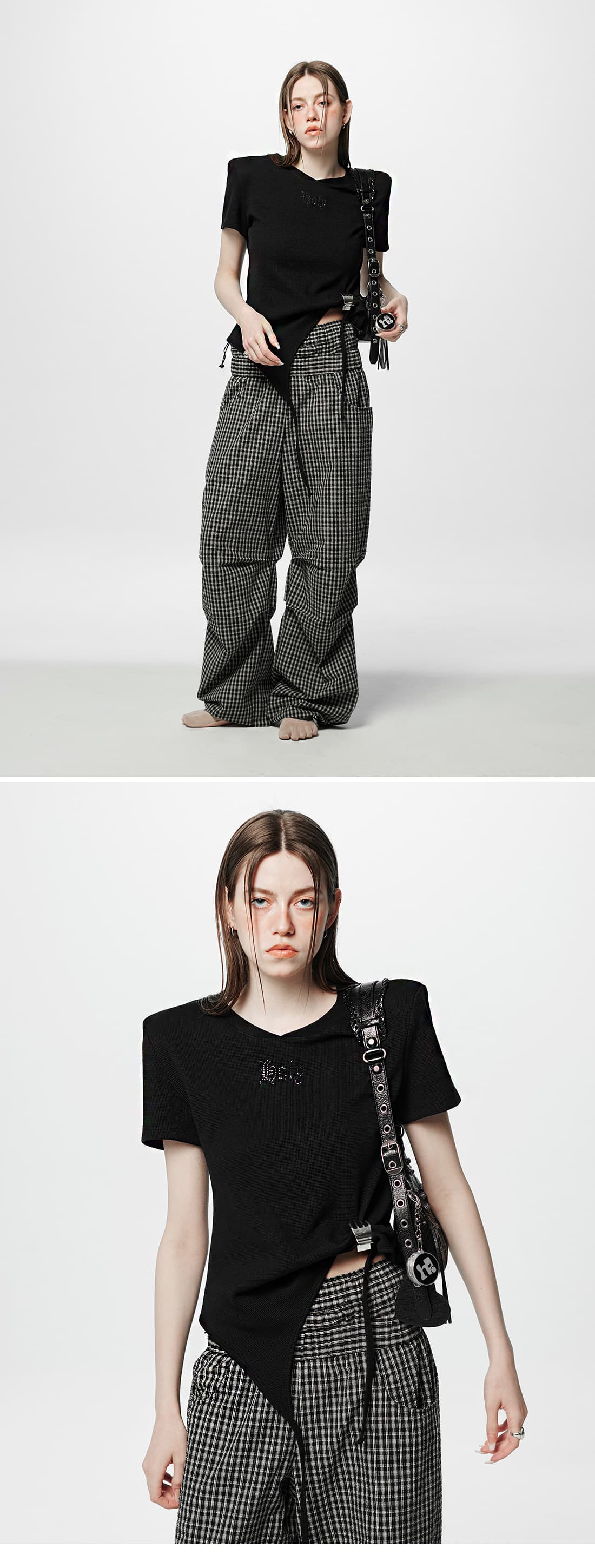 Shoulder-padded waffle T-shirt _ Black — vue 3