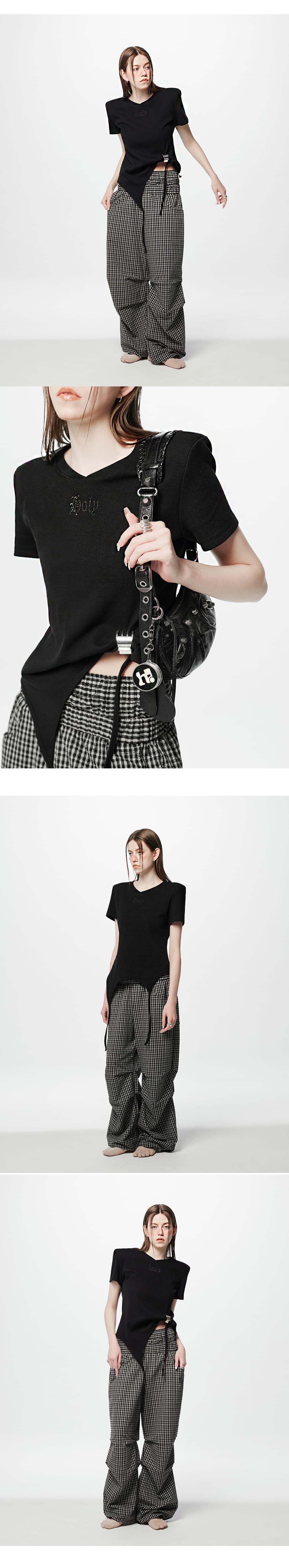 Shoulder-padded waffle T-shirt _ Black — vue 4