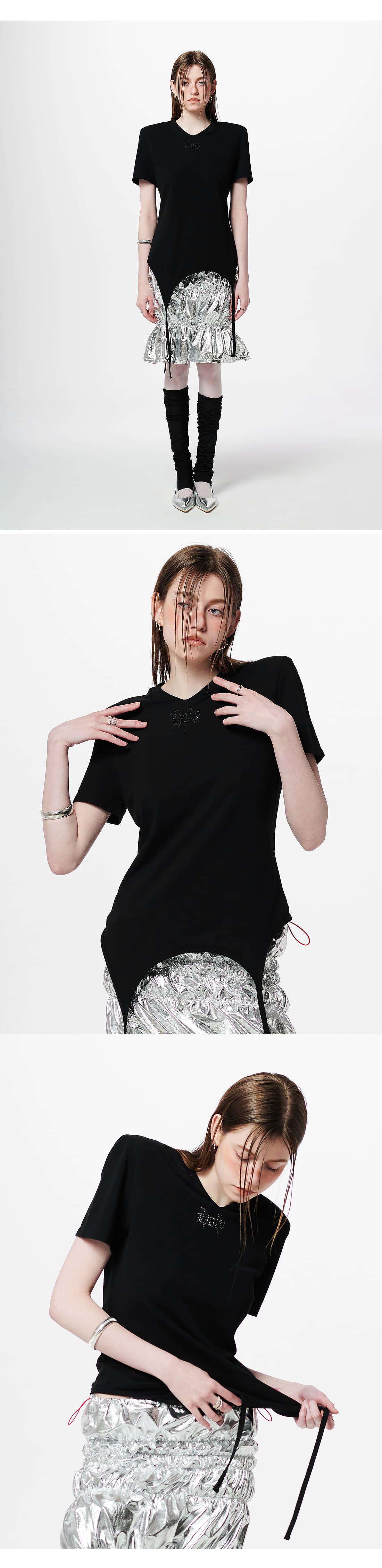 Shoulder-padded waffle T-shirt _ Black — vue 7
