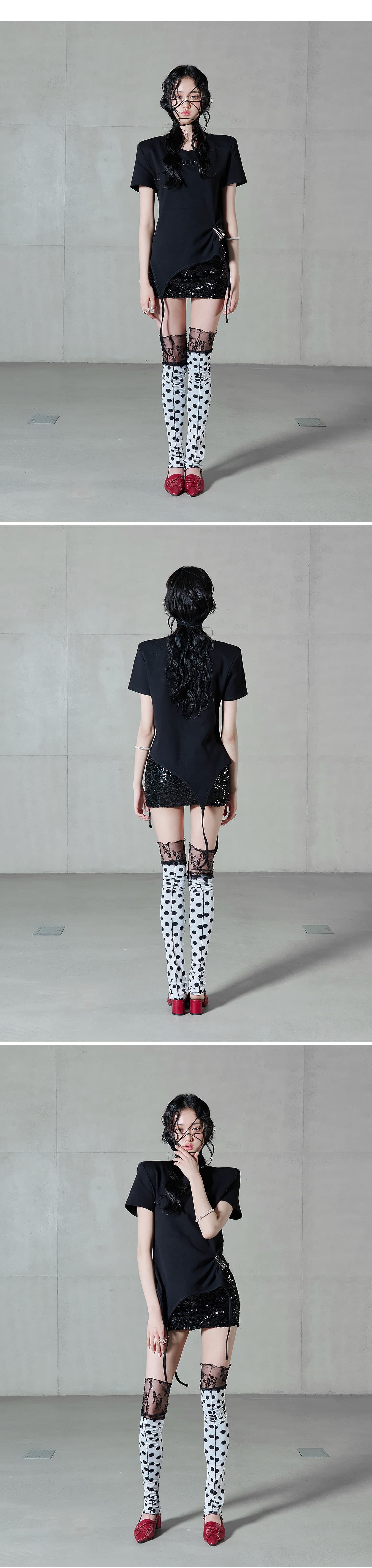 Shoulder-padded waffle T-shirt _ Black — vue 8