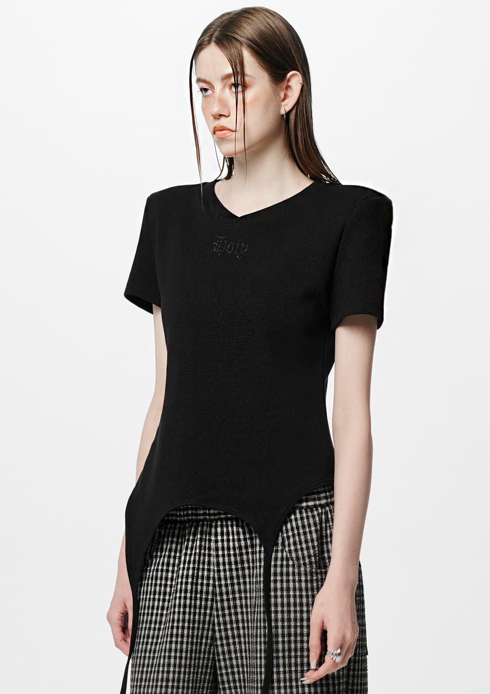 Shoulder-padded waffle T-shirt _ Black — vue 1