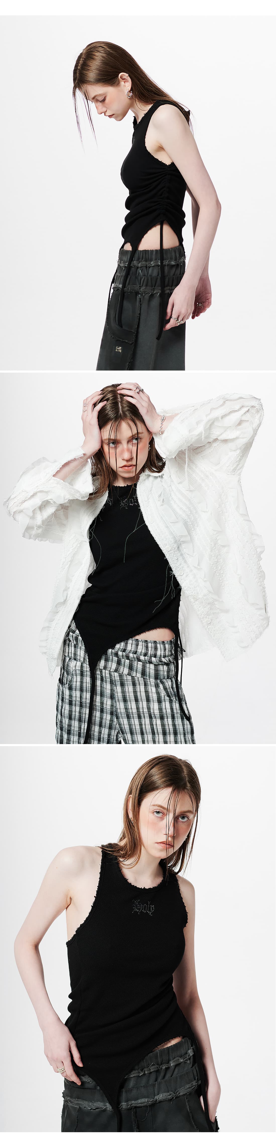 Back Slit Waffle Shirring Top _ Black — vue 5