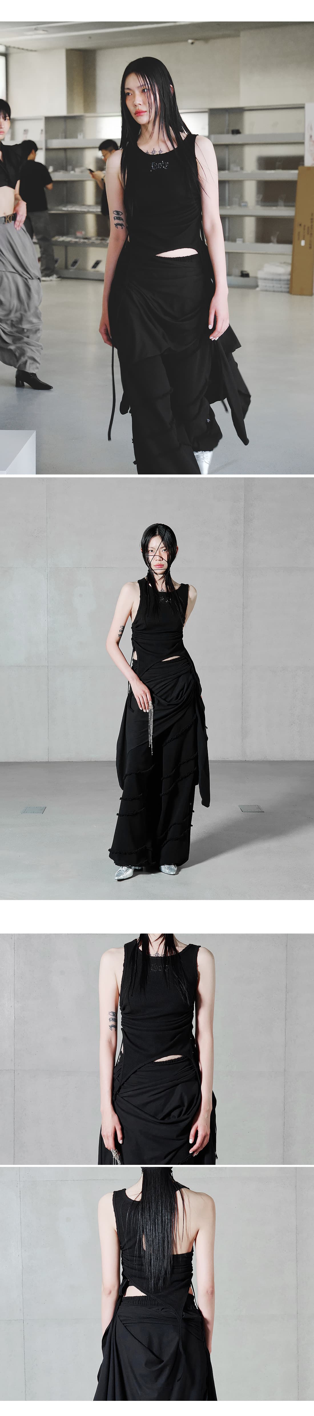 Back Slit Waffle Shirring Top _ Black — vue 6