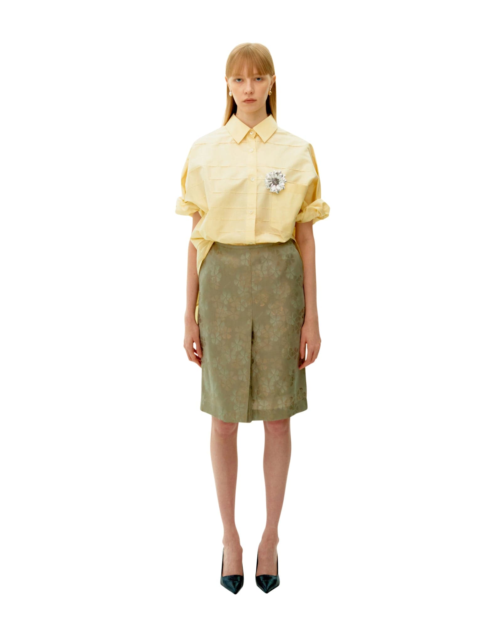 Beige Jacquard Silk Hidden Pleated Skirt — vue 3