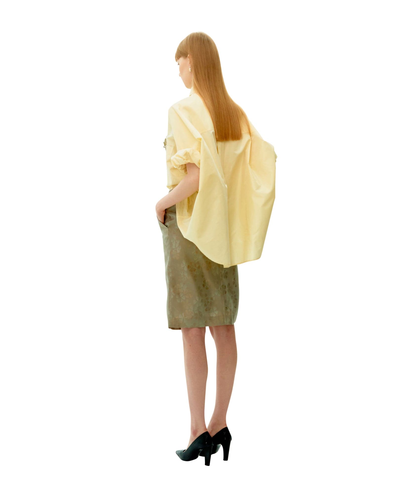 Beige Jacquard Silk Hidden Pleated Skirt — vue 4