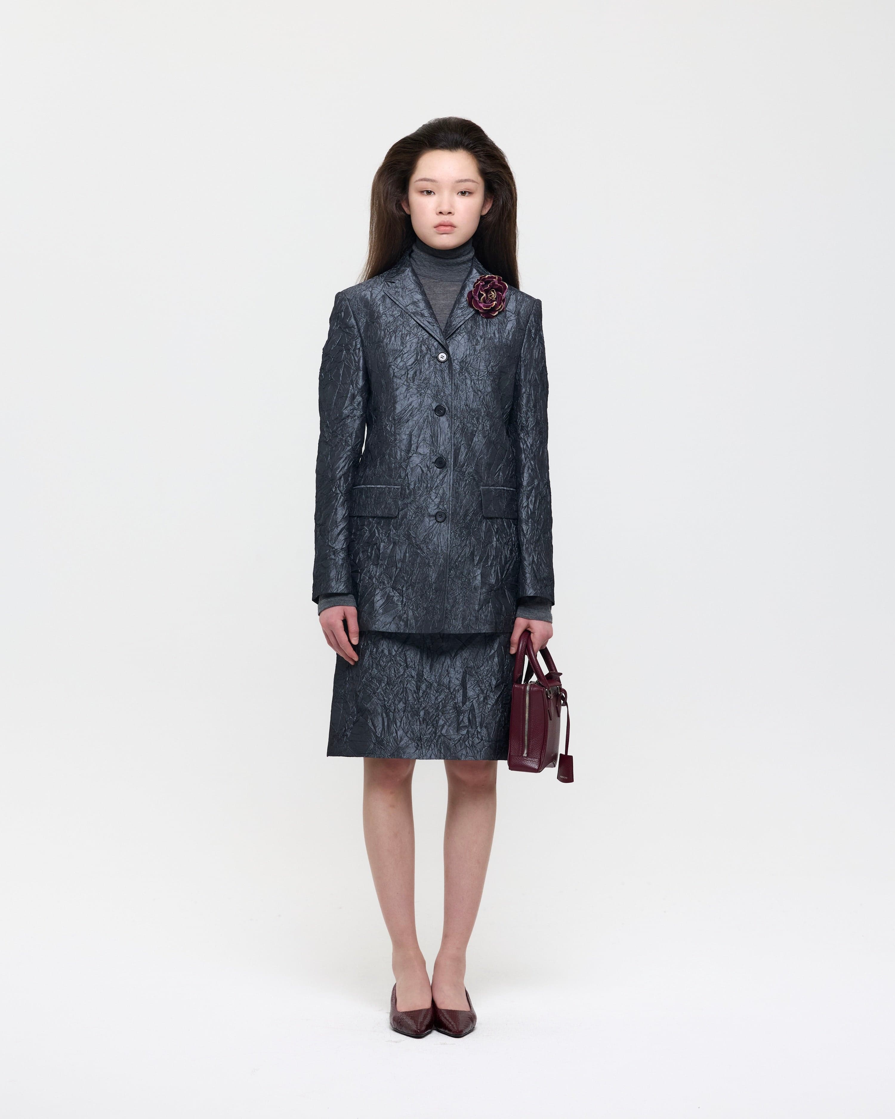Gray Creased Silk Taffeta Skirt — vue 2