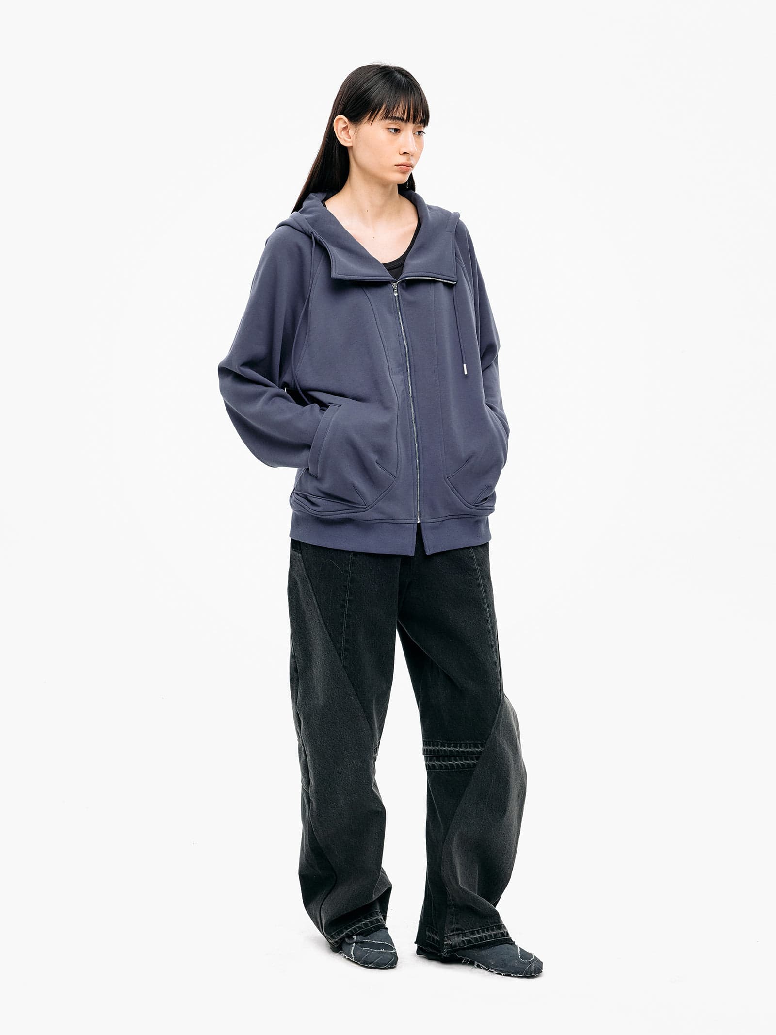 Asymmetric Zip-Up Hoodie - Blue — vue 5