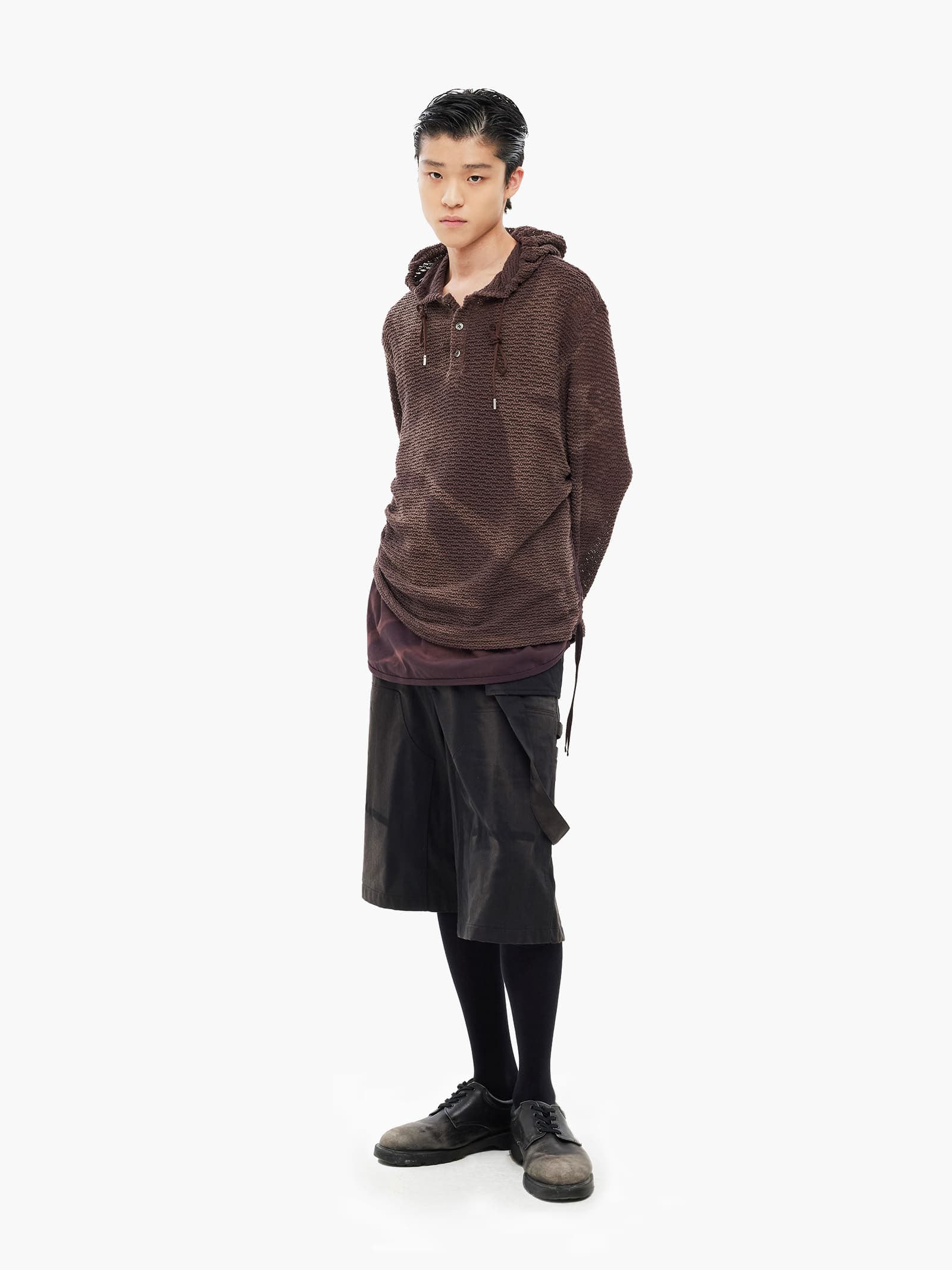Sun-Bleached Layered Net Hoodie - Burgundy — vue 2