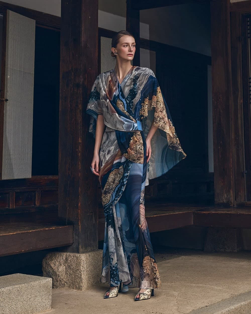 Polyester Blouse & Skirt Set (Blue Print) — vue 4
