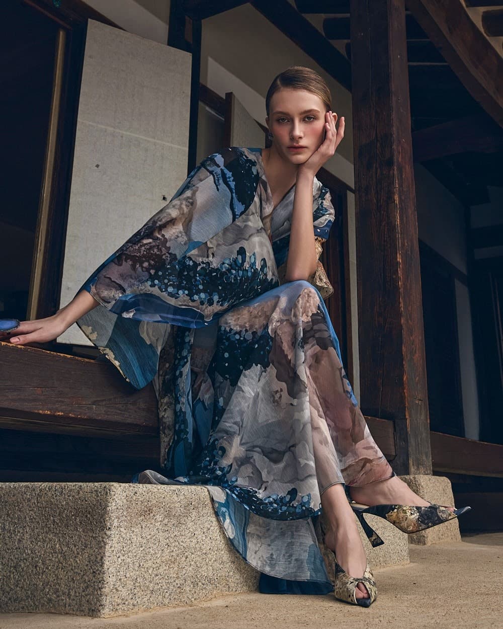 Polyester Blouse & Skirt Set (Blue Print) — vue 6