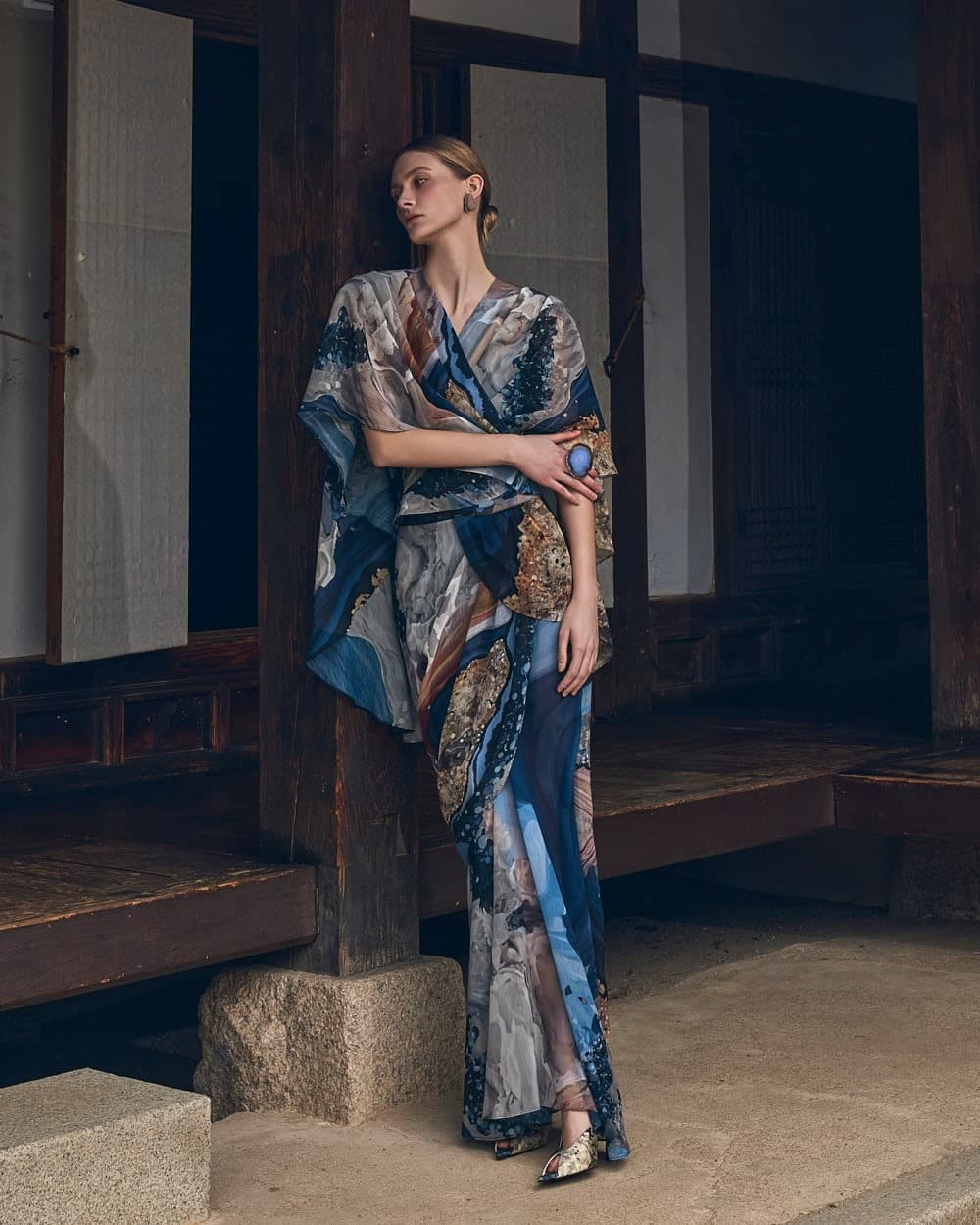 Polyester Blouse & Skirt Set (Blue Print) — vue 8
