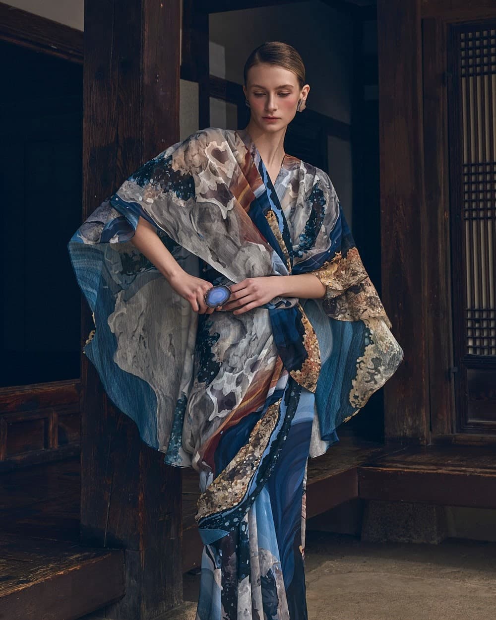 Polyester Blouse & Skirt Set (Blue Print) — vue 9