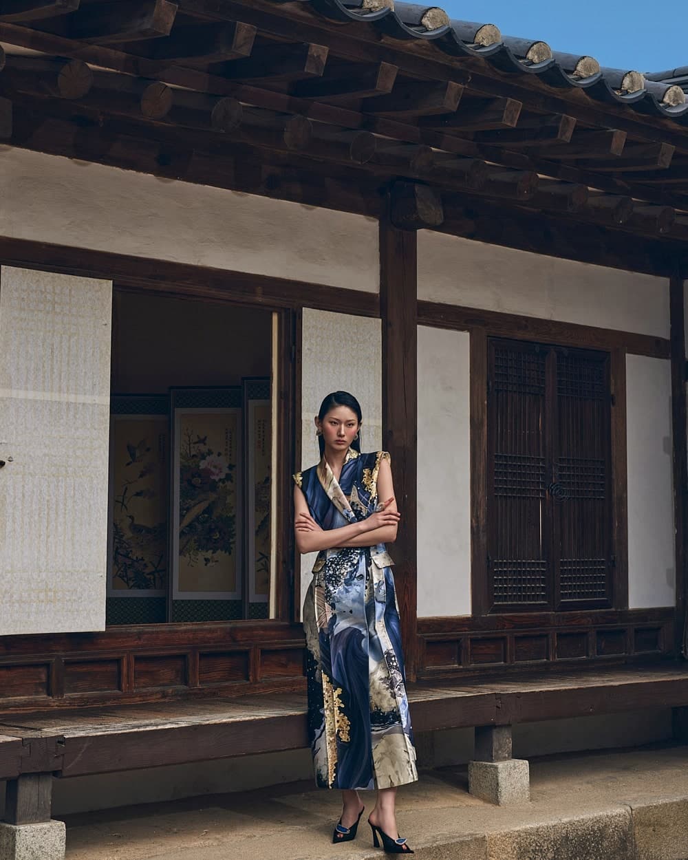 Robe en laine et soie (imprimé bleu) — vue 11