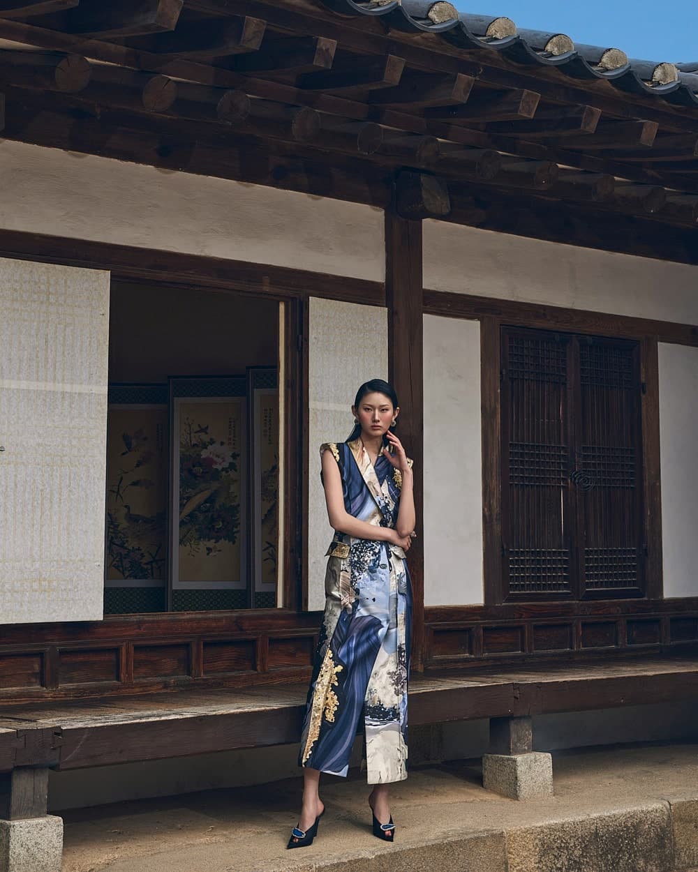 Robe en laine et soie (imprimé bleu) — vue 3