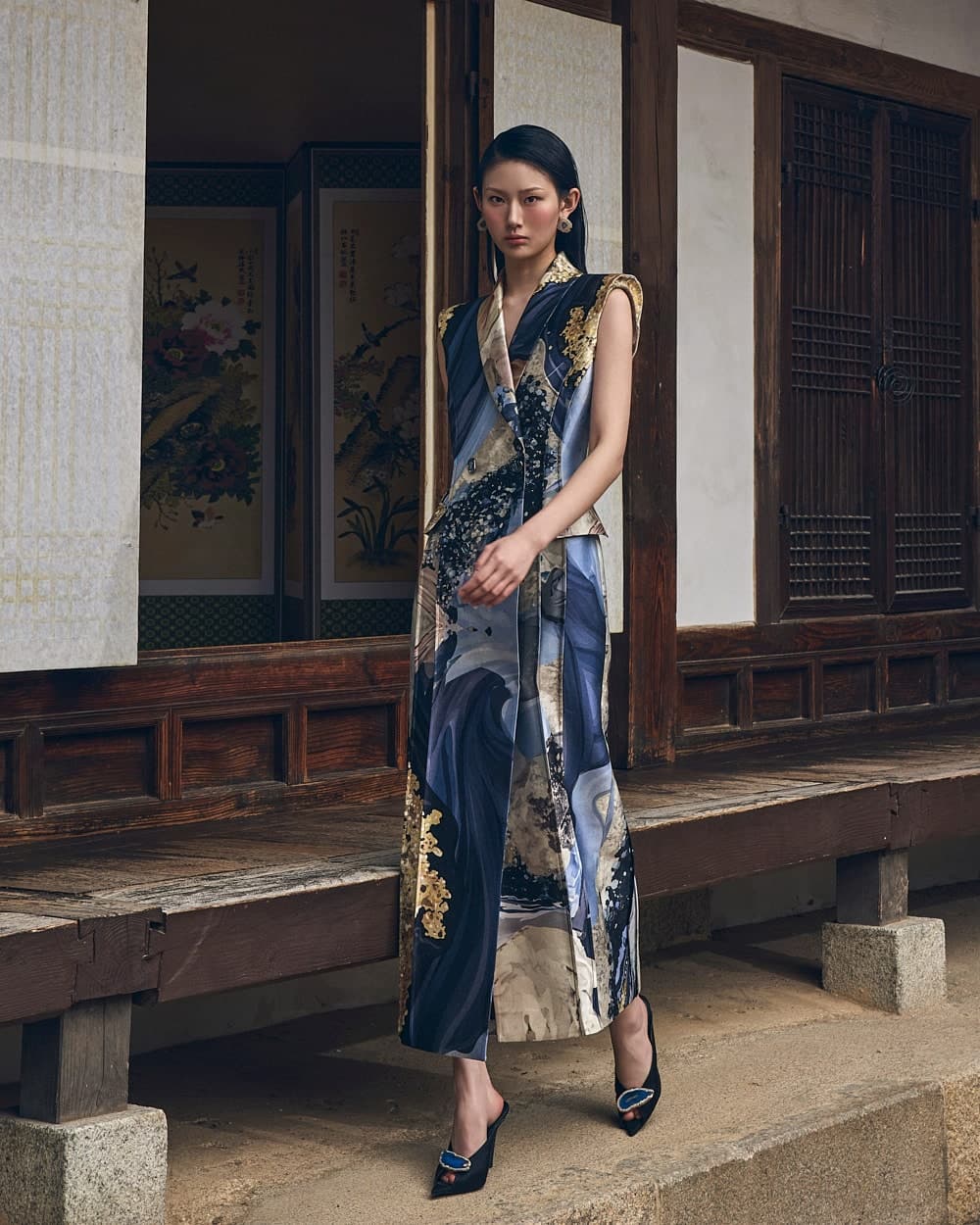 Robe en laine et soie (imprimé bleu) — vue 4