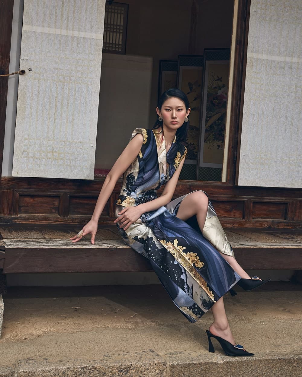 Robe en laine et soie (imprimé bleu) — vue 5