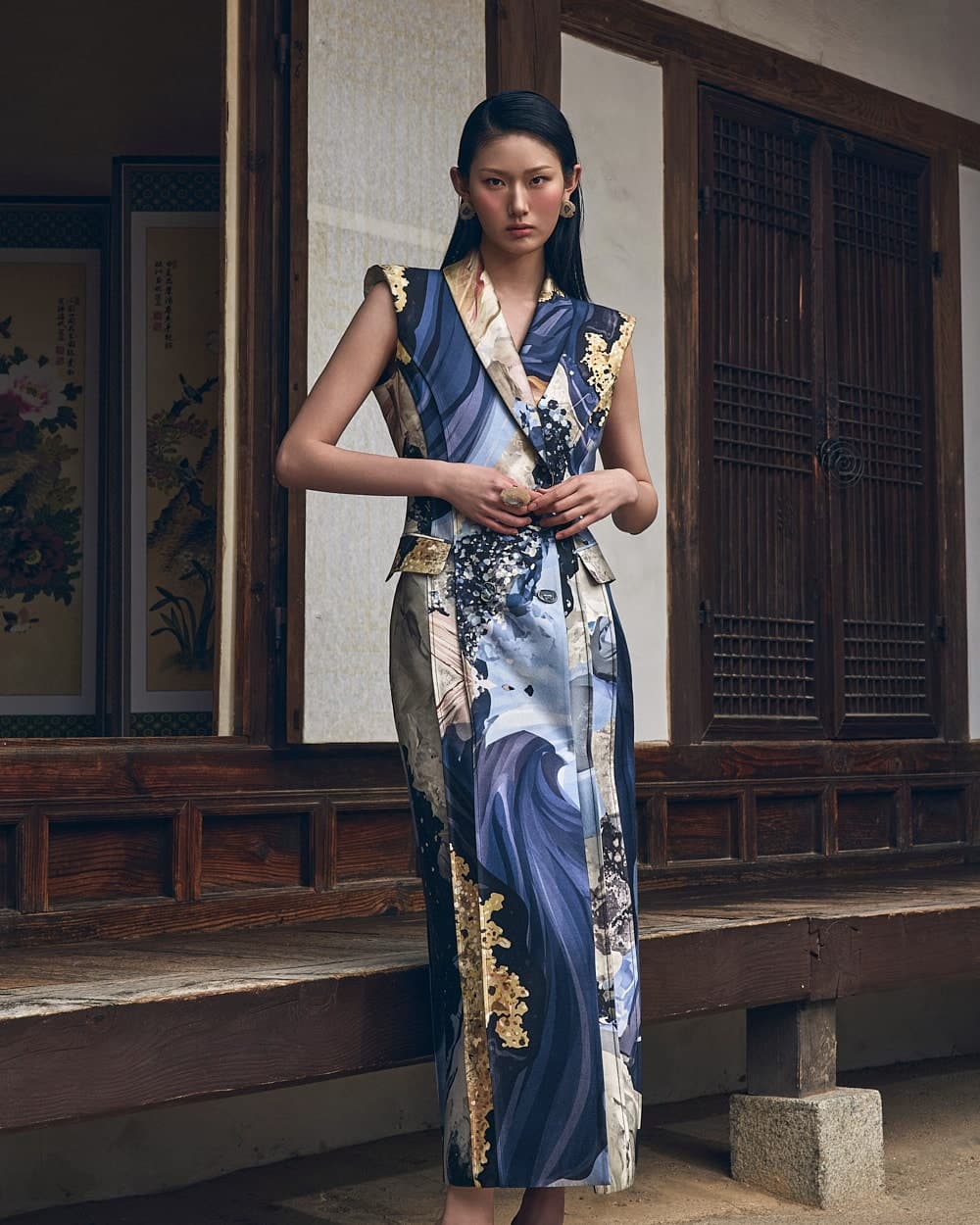 Robe en laine et soie (imprimé bleu) — vue 7